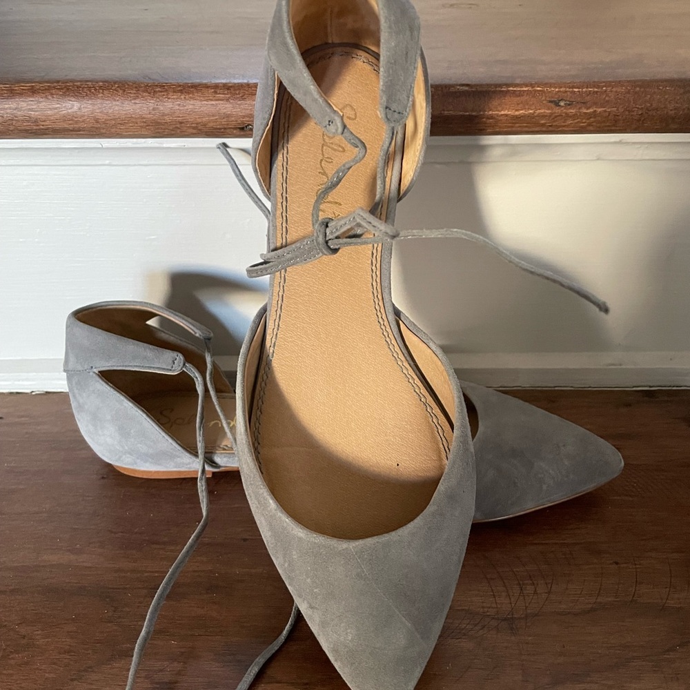 Gray suede ankle-tie flats